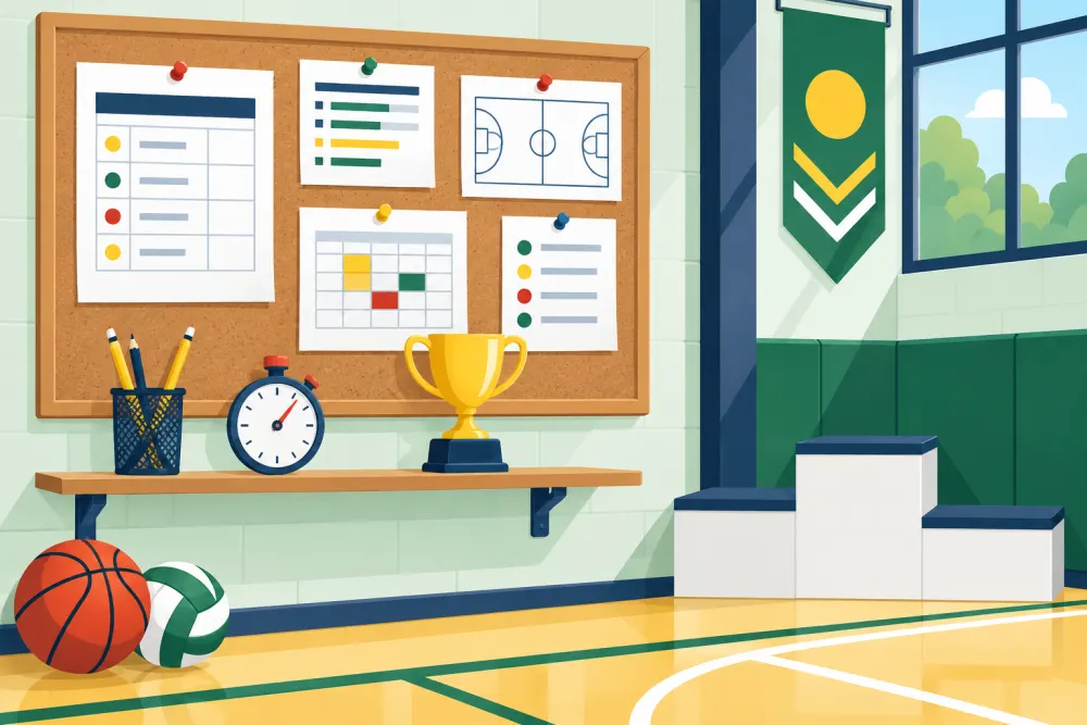 Pinnwand in der Halle mit aufgehängten Spielplänen, darunter Pokal und Siegerpodest.